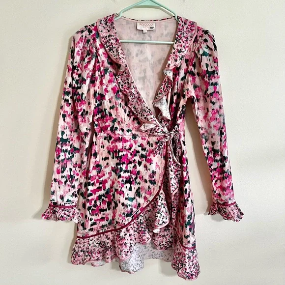 Rococo Sand Pink Long Sleeve Mimi Mini Wrap Dress Sz L - Picture 4 of 9